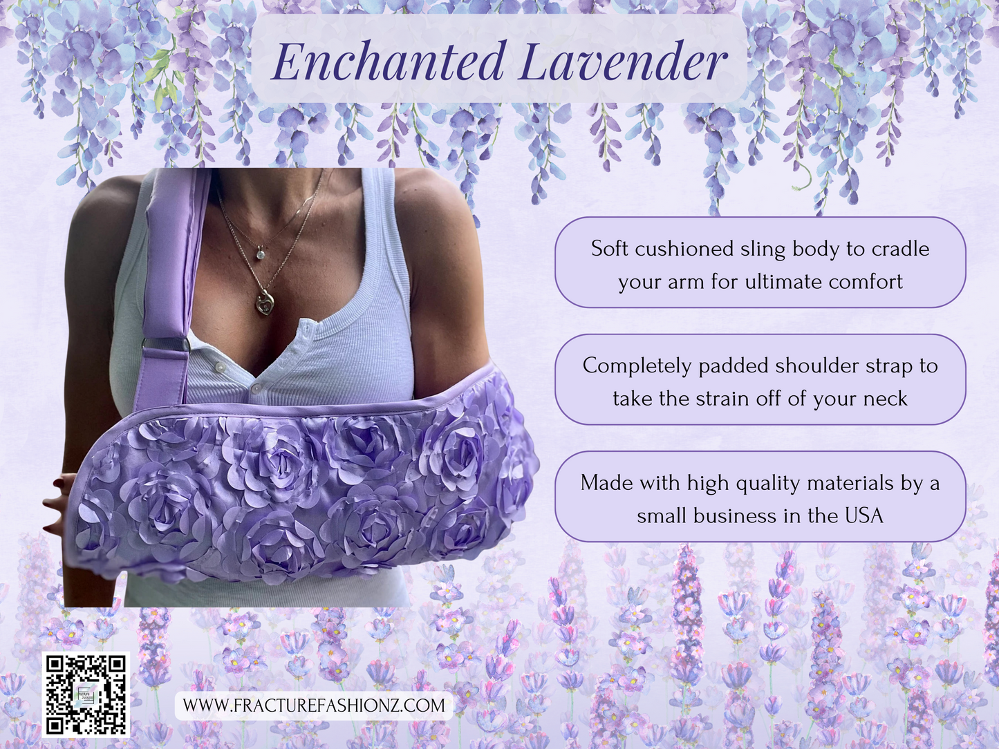 Enchanted Lavender: Padded Arm Sling with 3D Chiffon Flowers