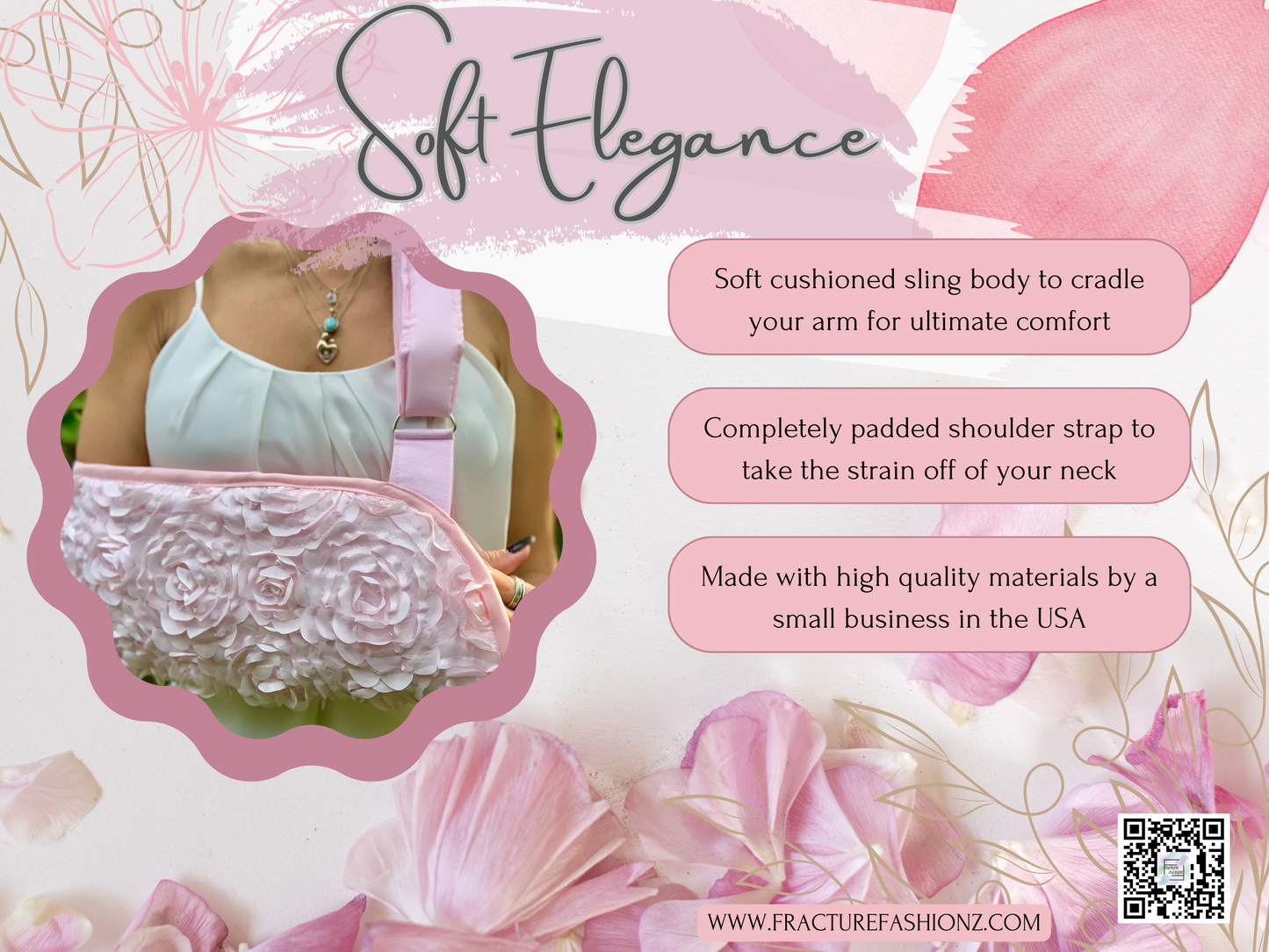 Soft Elegance: Padded Arm Sling with Soft Pink Chiffon 3D Flowers