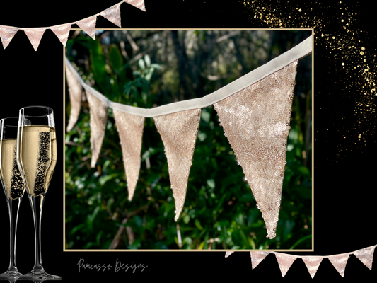 Champagne Gold Tossed Sequins Bunting, Golden Anniversary, Elegant Decor