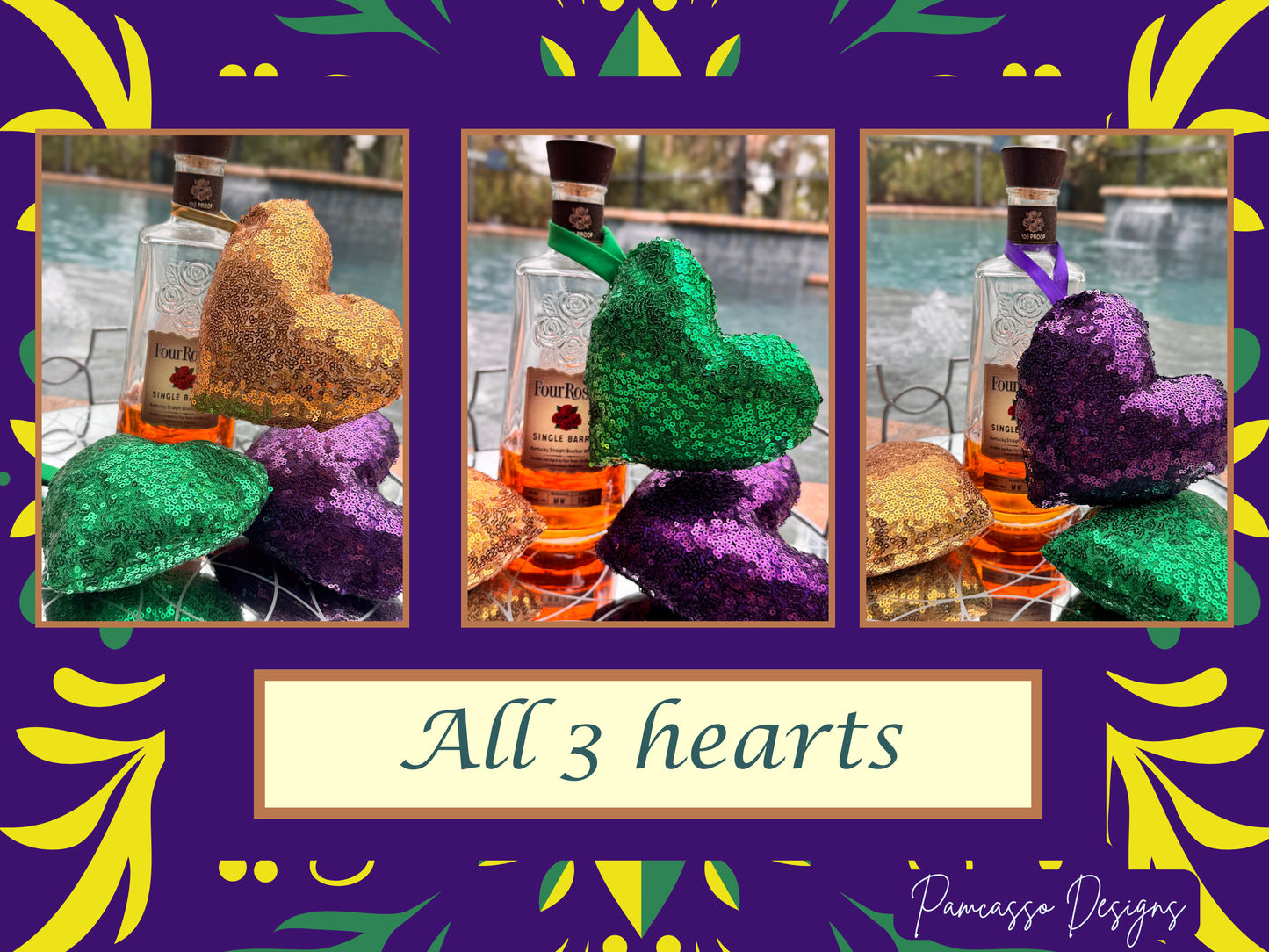 Sequins Puffy Mardi Gras Hearts, Ornaments - Purple Gold Green