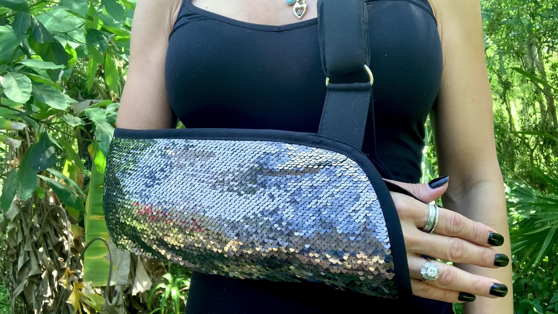 video of sparkles of black chic sequins fashion arm sling