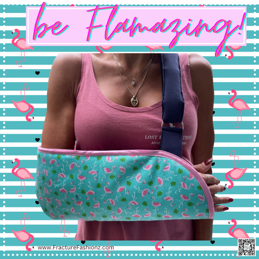Fun flamingo stacked arm sling on teal background with pink trim