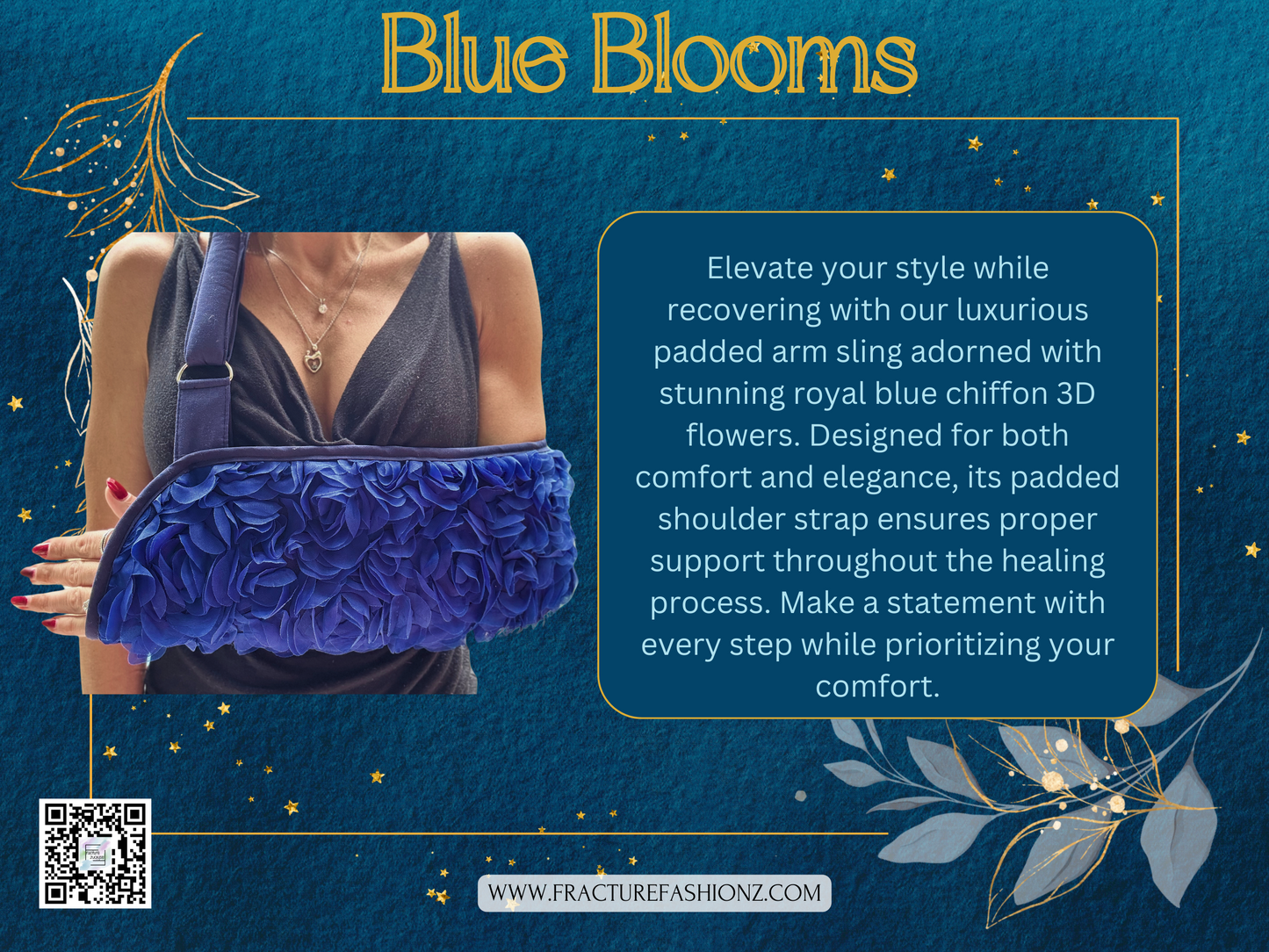 Royal Blue Blooms: Luxurious Padded Arm Sling with Chiffon 3D Flowers