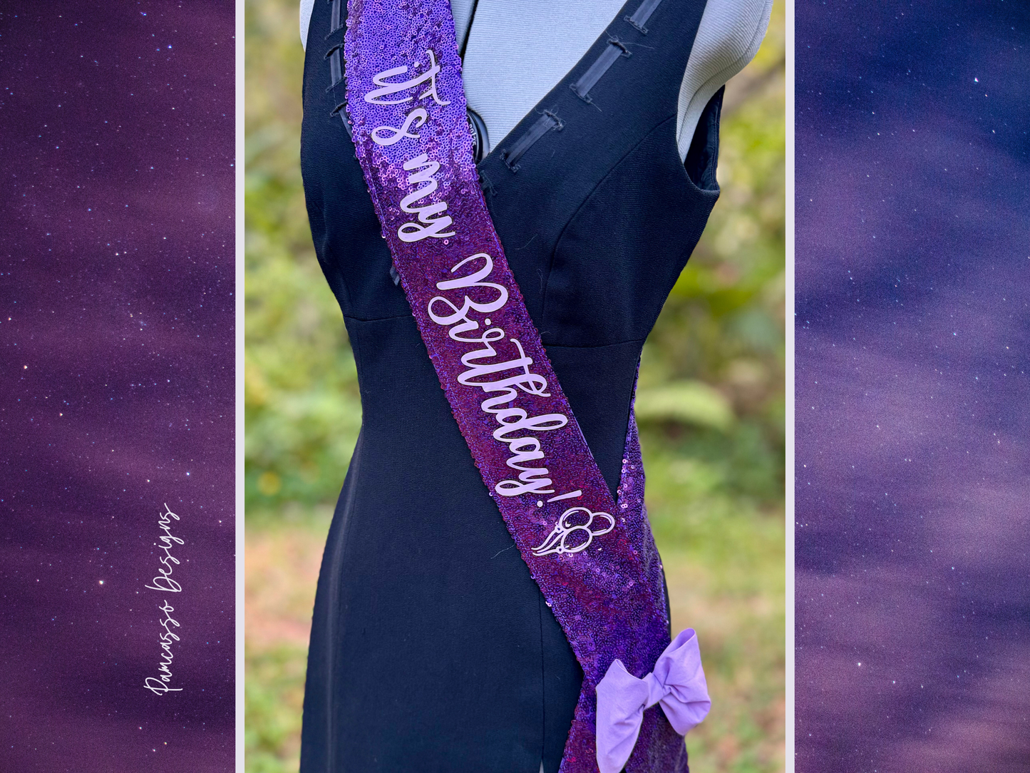 Sash | Personalized Regal Purple Sequin Celebration Sash Stole with Lavender Bow