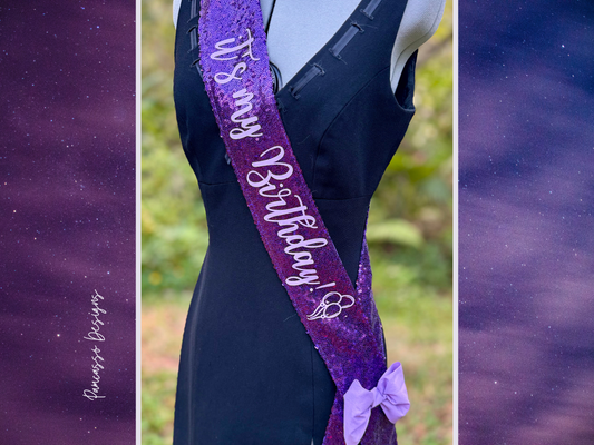 regal purple sequins customizable sash for birthdays or celebrations