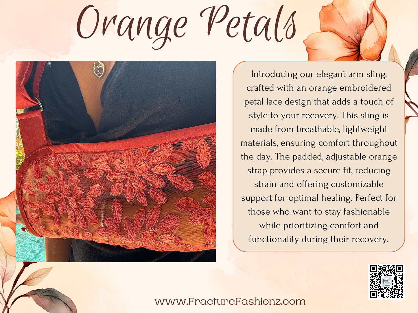 Arm Sling | Orange Embroidered Petals Arm Sling with Padded Adjustable Strap