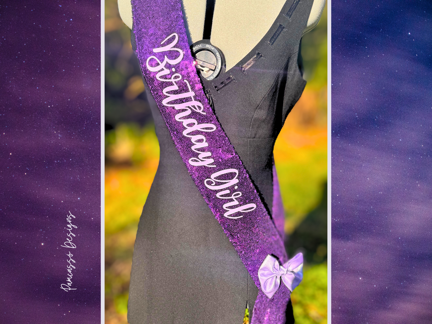 Écharpe | Écharpe de célébration personnalisée en sequins violets royaux avec nœud lavande