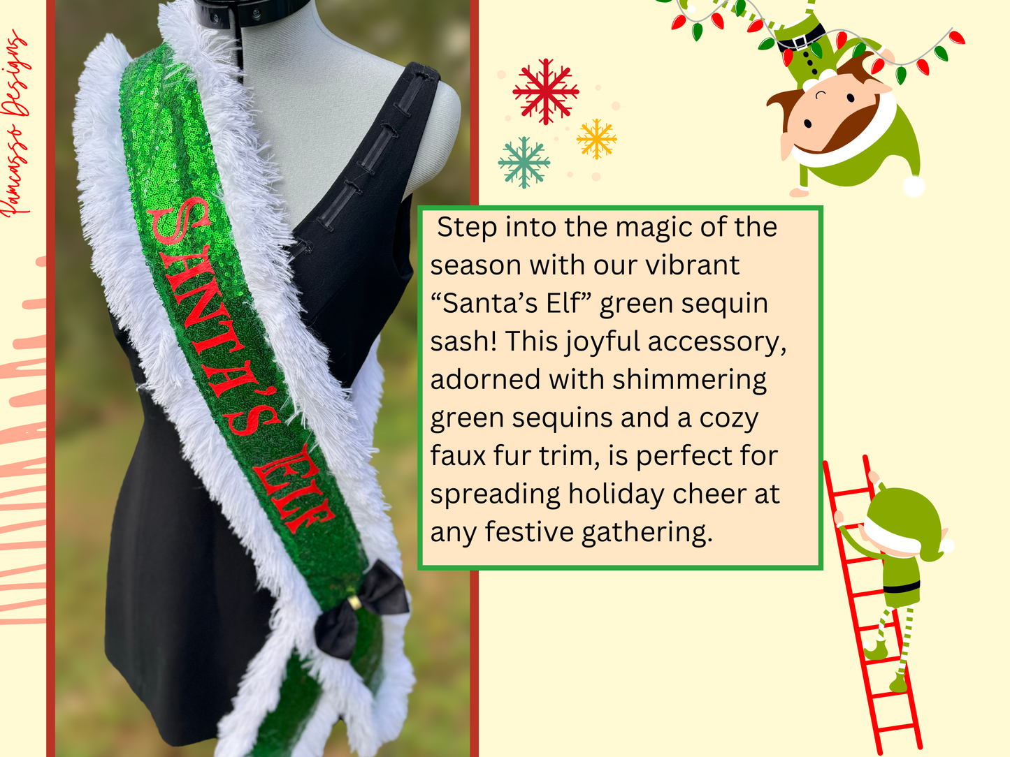 Sash | “Santa’s Elf” Green Sequin Sash Stole with Fur Trim – Santa’s Holiday Scarf Outfit