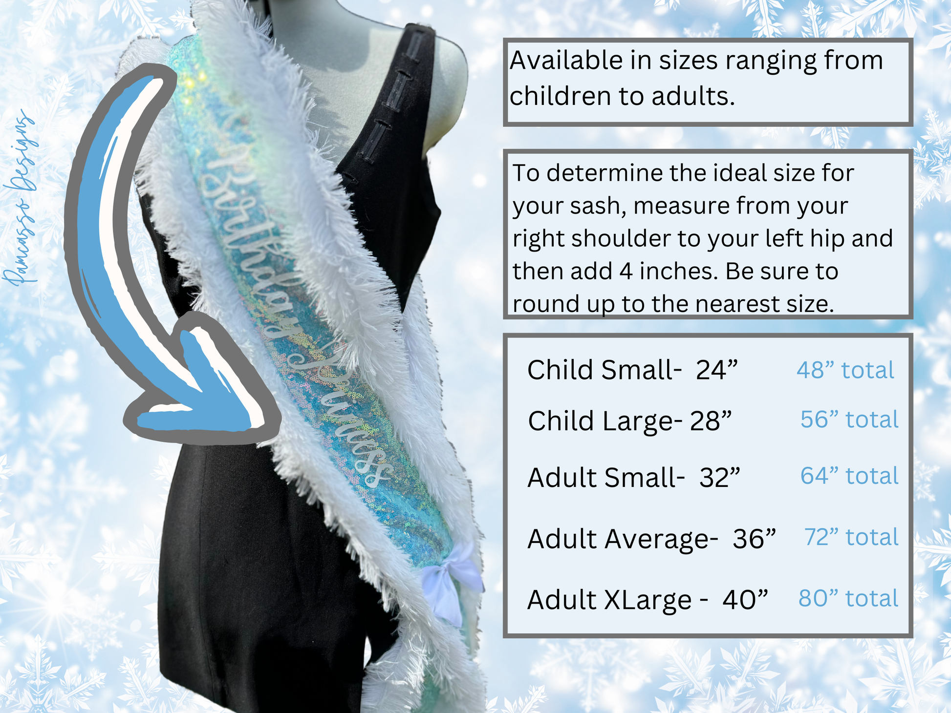 Make any celebration unforgettable with our Ice Blue Iridescent Sequin Sash! This dazzling sash features shimmering ice blue sequins that catch the light beautifully, giving it a magical glow. Trimmed with soft white faux fur for a touch of elegance, it’s adorned with ‘Birthday Princess’—or personalized with a custom message for that extra-special touch. Finished with a classic white satin bow closure, this sash is perfect for birthdays, photoshoots, or any occasion where you want to feel like royalty