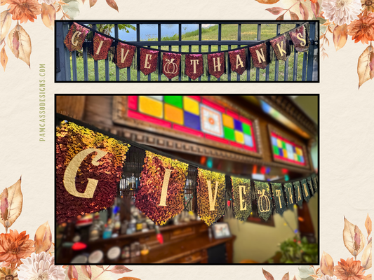 Bunting | Festive Thanksgiving Decor | Give Thanks Banner with Iridescent Sequins & Fringe