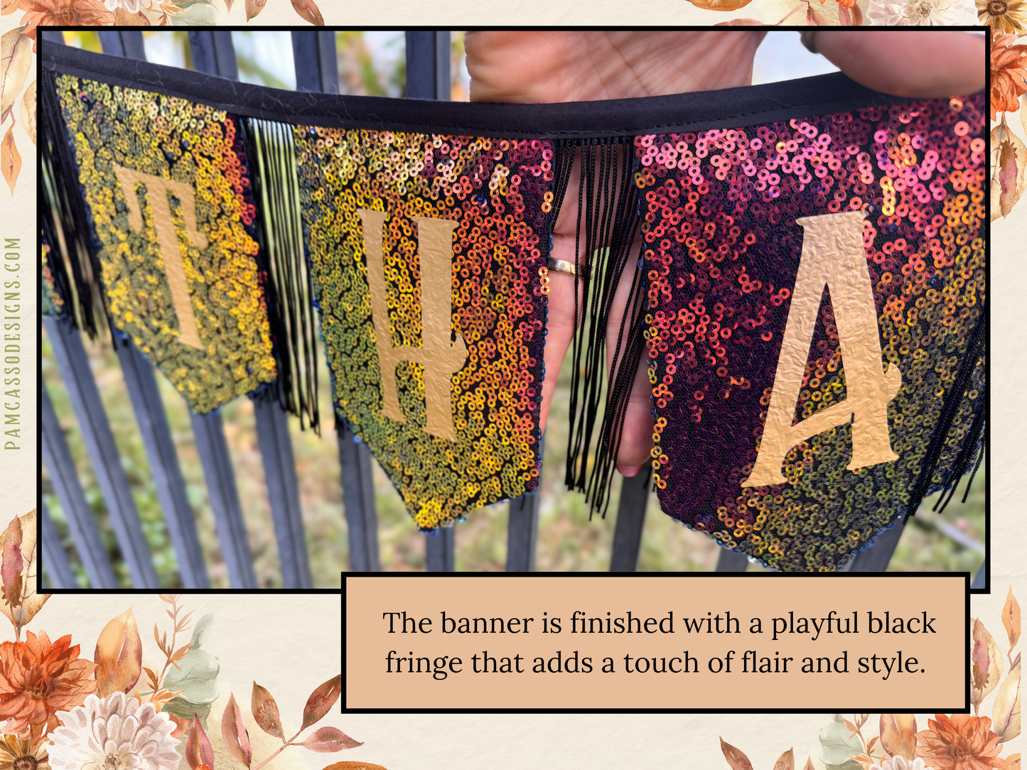 Bunting | Festive Thanksgiving Decor | Give Thanks Banner with Iridescent Sequins & Fringe