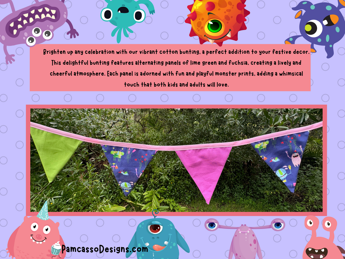 Bunting | Monster-Themed Colorful Cotton Bunting - Party Flags Decoration