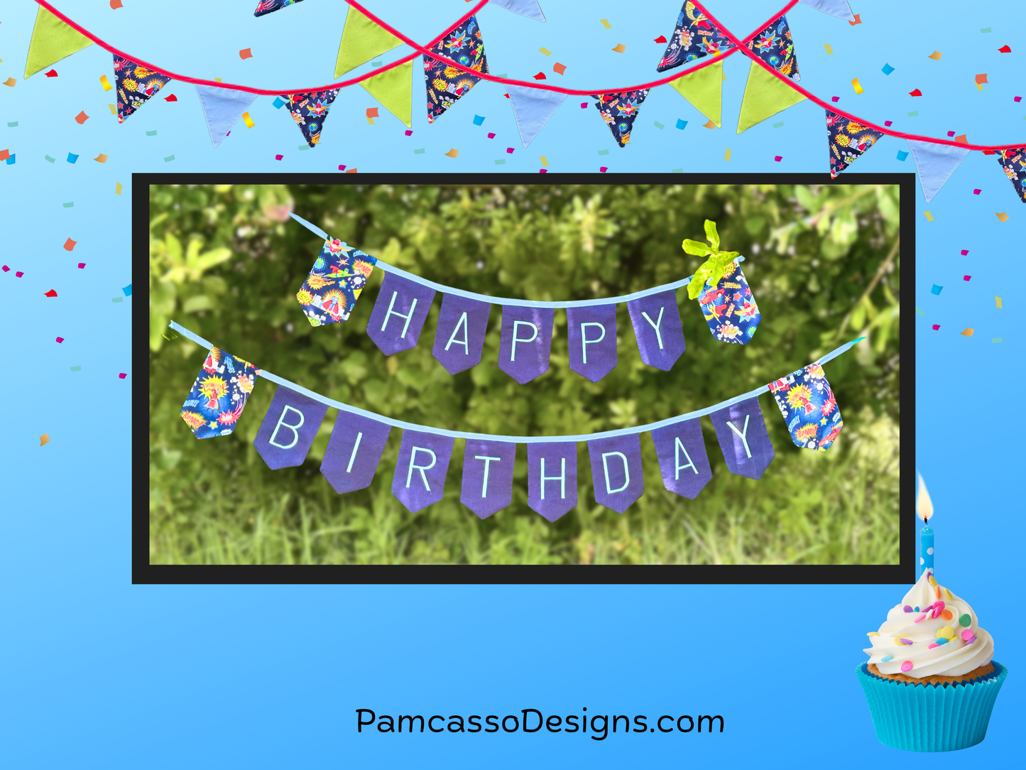 Bunting | Customizable Heavy Duty Canvas Happy Birthday Bunting with Embroidered Letters Interchangeable Theme Panels