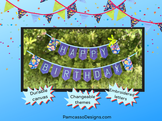 Bunting | Customizable Heavy Duty Canvas Happy Birthday Bunting with Embroidered Letters Interchangeable Theme Panels