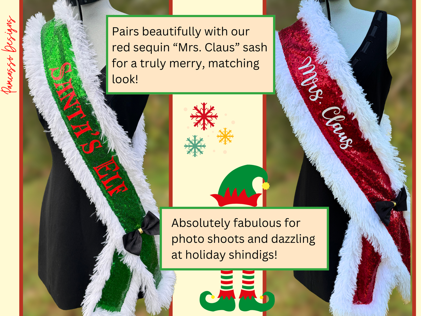 Sash | “Santa’s Elf” Green Sequin Sash Stole with Fur Trim – Santa’s Holiday Scarf Outfit