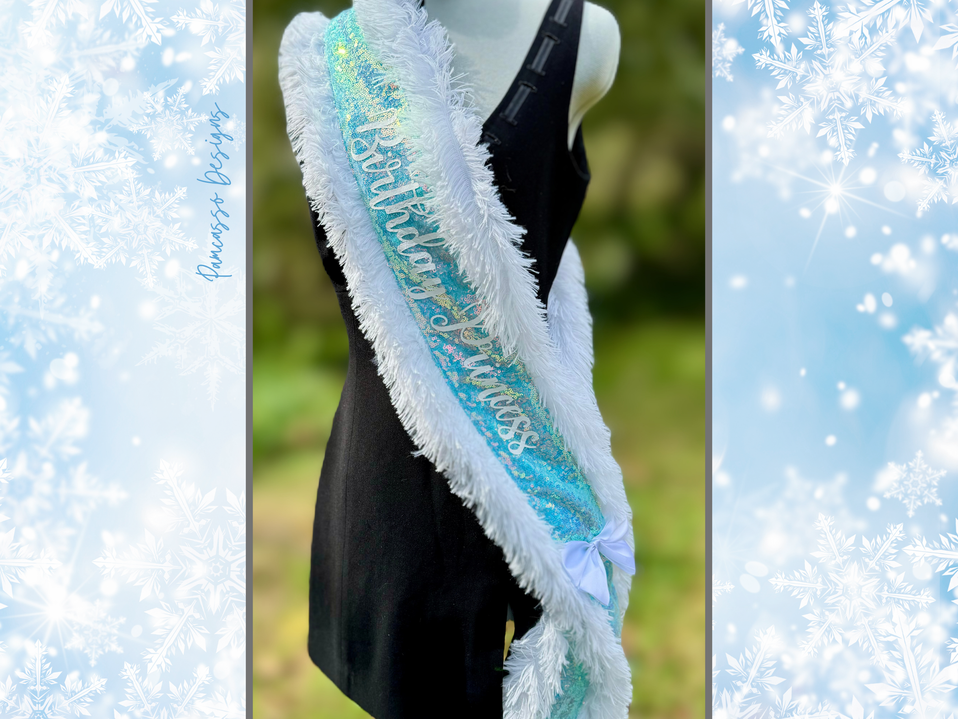 Make any celebration unforgettable with our Ice Blue Iridescent Sequin Sash! This dazzling sash features shimmering ice blue sequins that catch the light beautifully, giving it a magical glow. Trimmed with soft white faux fur for a touch of elegance, it’s adorned with ‘Birthday Princess’—or personalized with a custom message for that extra-special touch. Finished with a classic white satin bow closure, this sash is perfect for birthdays, photoshoots, or any occasion where you want to feel like royalty
