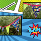 Superhero Bunting Garland - Blue & Green Pennants with Red Trim and Fun Hero Phrases