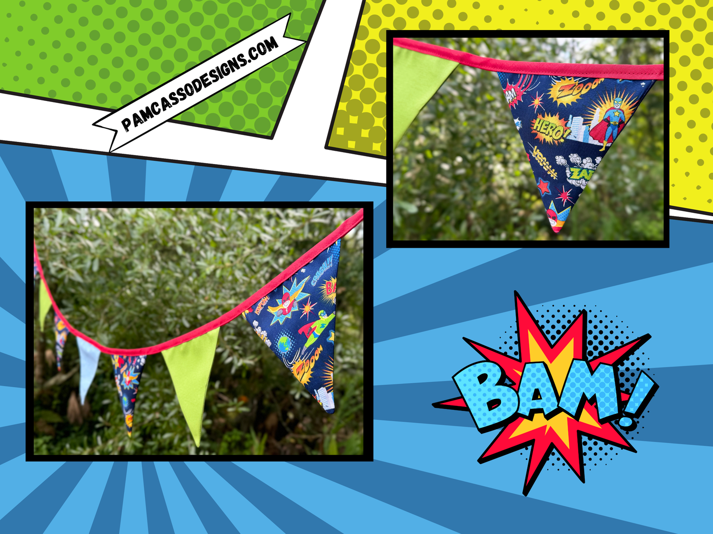 Superhero Bunting Garland - Blue & Green Pennants with Red Trim and Fun Hero Phrases