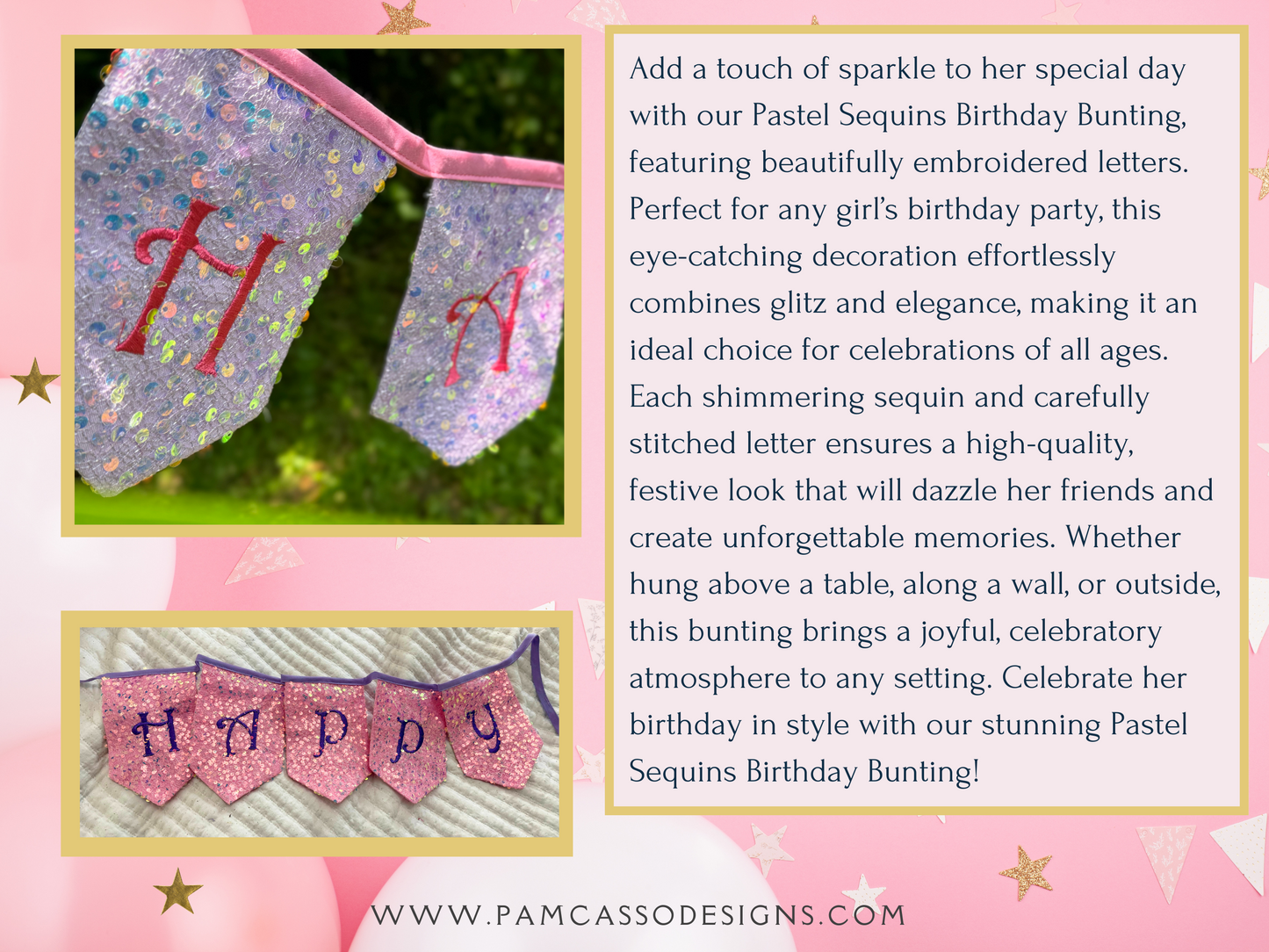 Bunting | Pastel Sequins Birthday Banner: Sparkle Party Flags