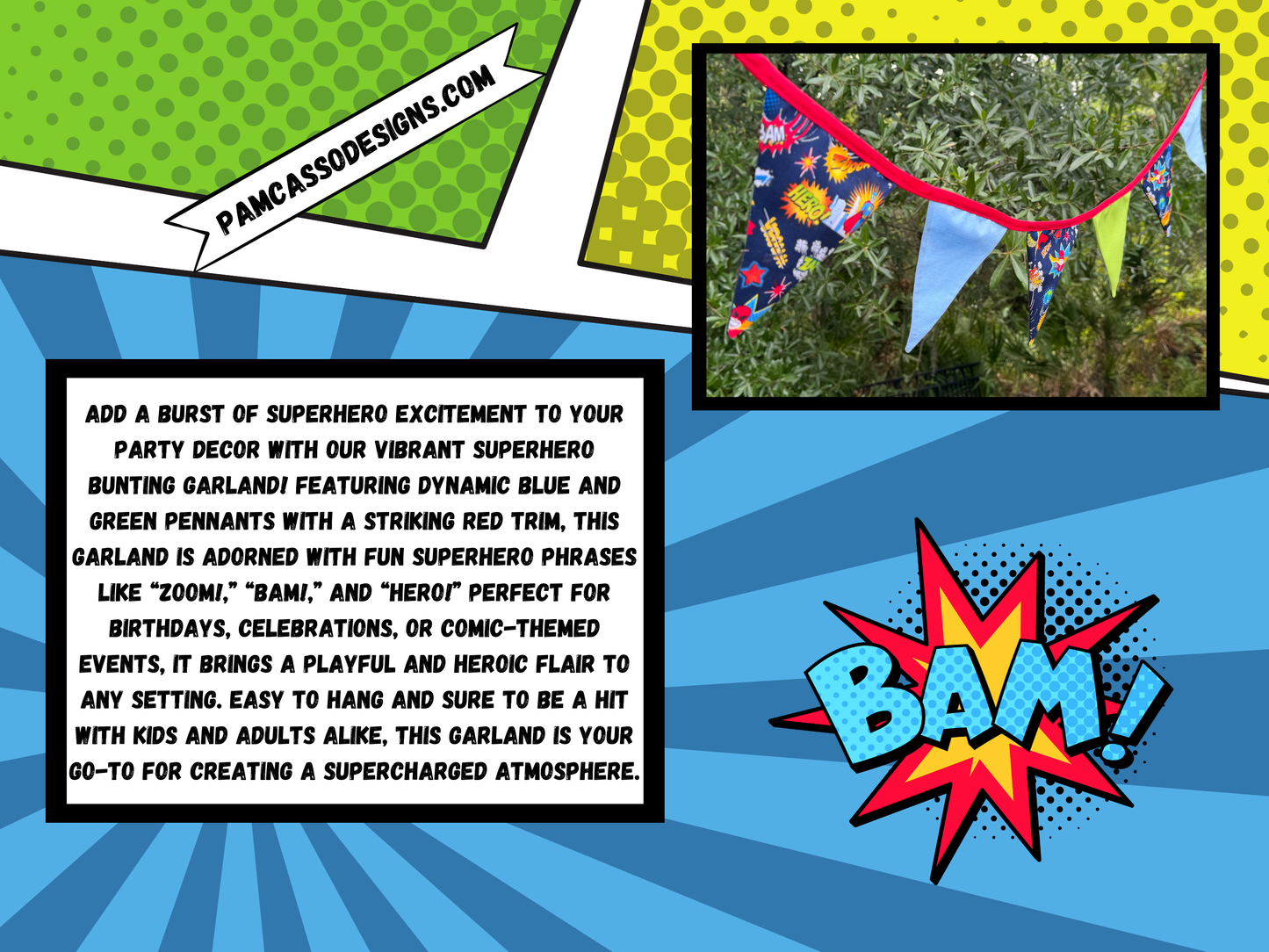 Superhero Bunting Garland - Blue & Green Pennants with Red Trim and Fun Hero Phrases