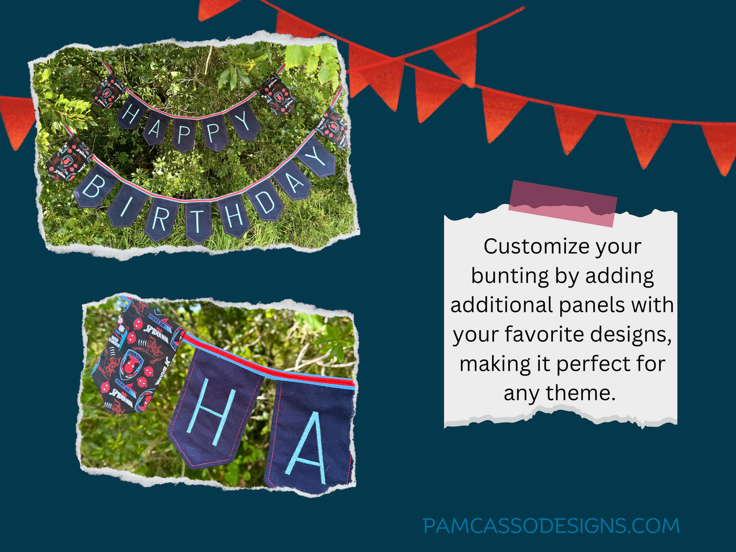 Bunting | Customizable Red Pin Stripe Navy Heavy Duty Canvas Happy Birthday Bunting Banner with Embroidered Letters Interchangeable Theme Panels