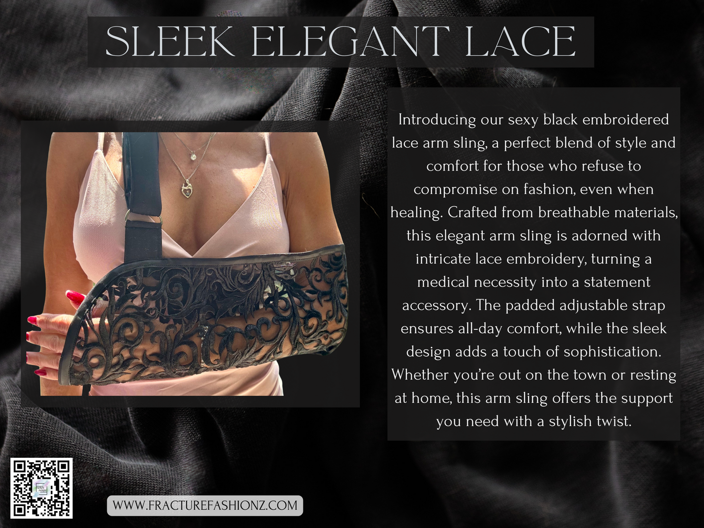 Sleek Elegant Black Lace Arm Sling - Designer Embroidered Black Lace