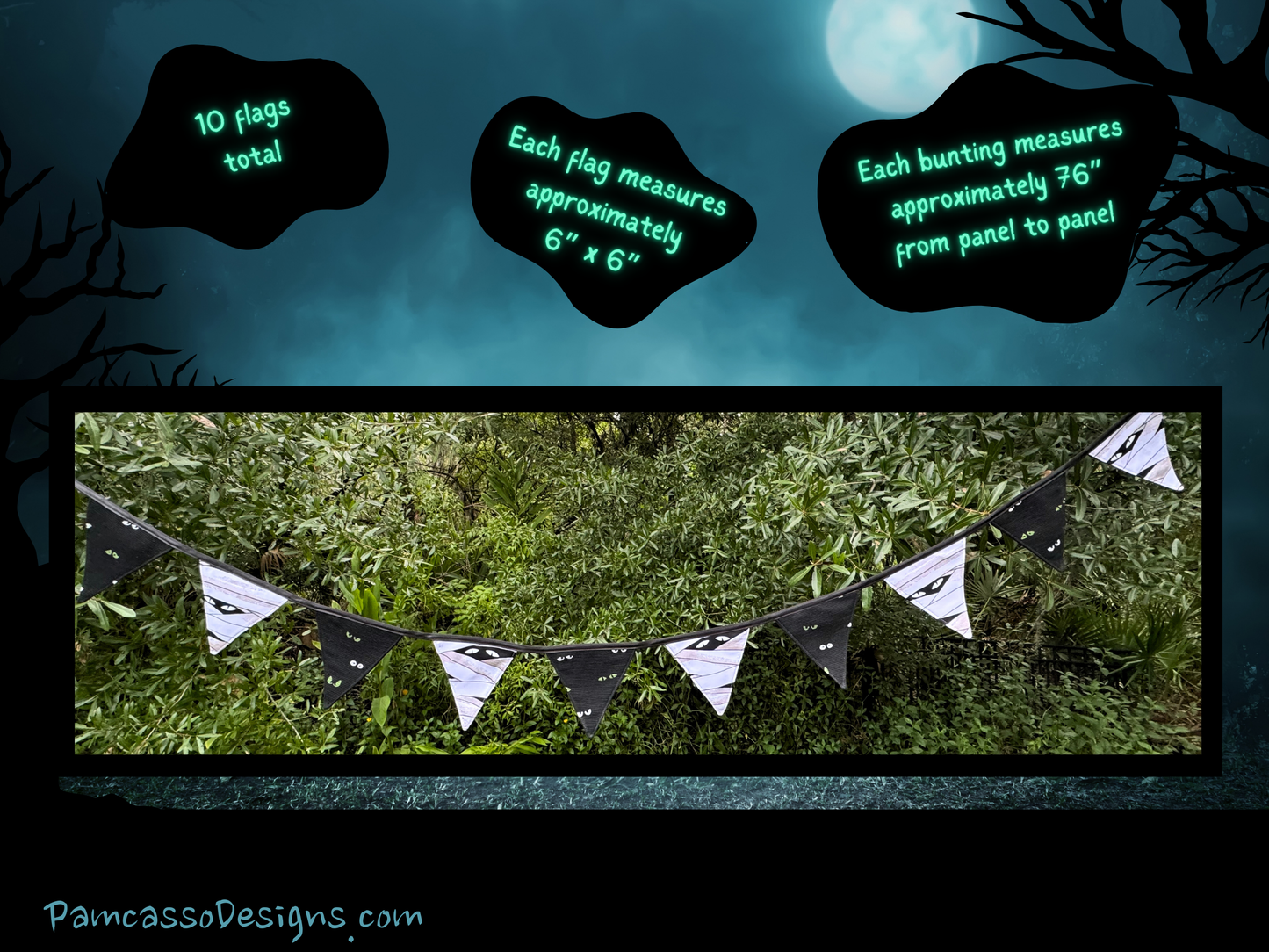 Spooky Glow-in-the-Dark Eyes Halloween Bunting - Mummy & Black Fabric Garland Wall Hanging