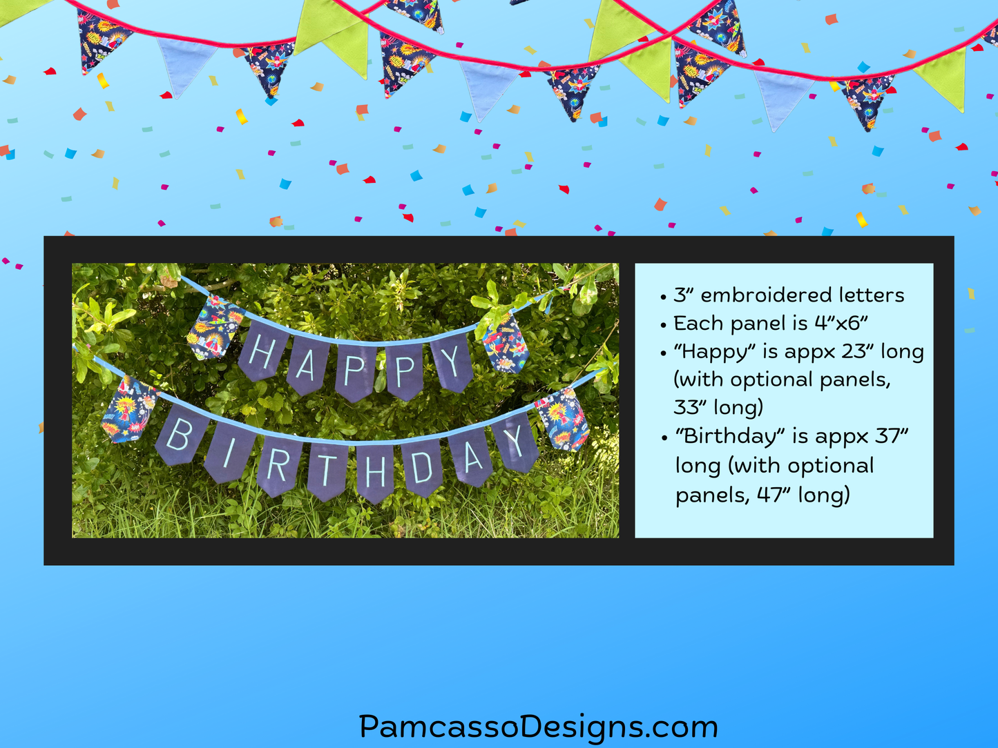 Bunting | Customizable Heavy Duty Canvas Happy Birthday Bunting with Embroidered Letters Interchangeable Theme Panels