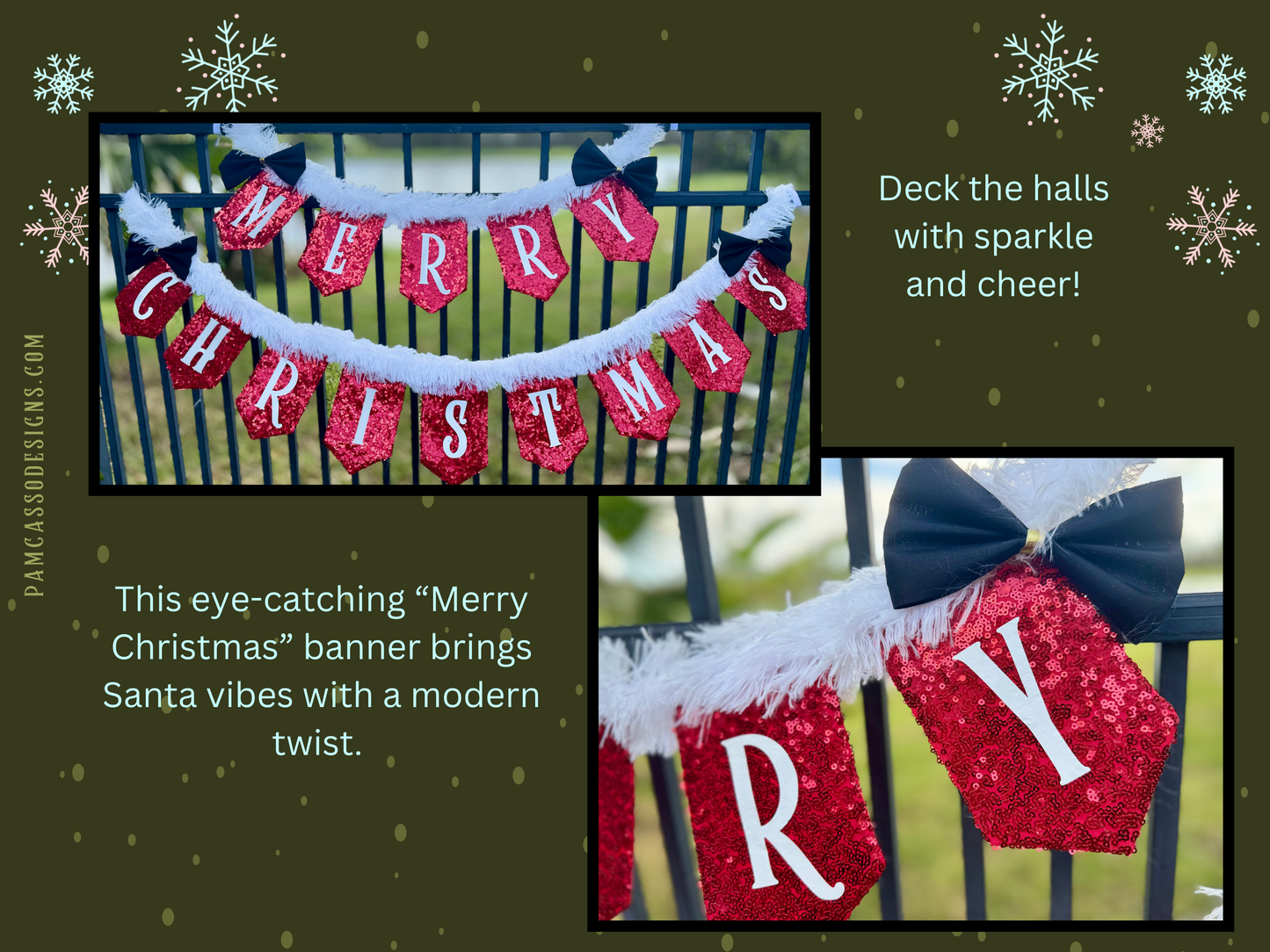 Bunting | Merry Christmas Banner - Red Sequin Fabric with White Faux Fur Trim, Santa-Inspired Holiday Decor, Festive Party Decoration with Black Bow