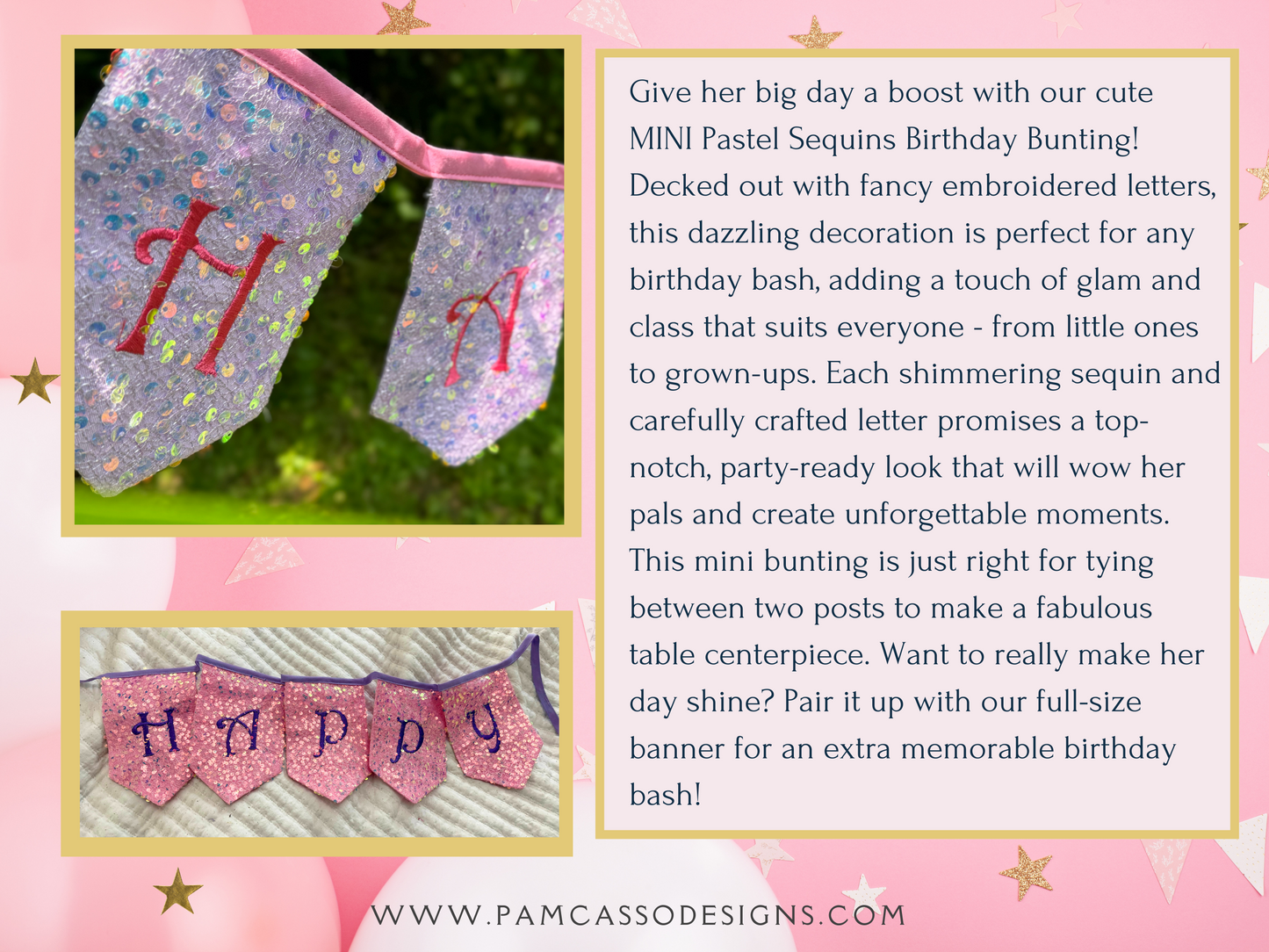 Bunting | MINI Tabletop Pastel Sequins Birthday Bunting: Sparkle and Elegance for Her Special Day