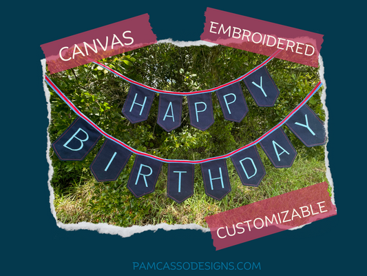 Bunting | Customizable Red Pin Stripe Navy Heavy Duty Canvas Happy Birthday Bunting Banner with Embroidered Letters Interchangeable Theme Panels