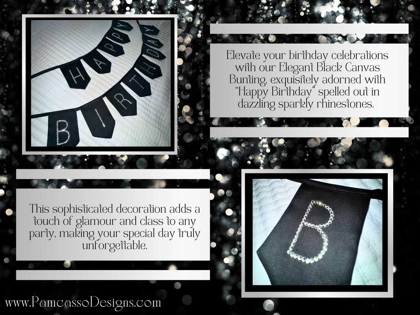 Bunting | Elegant Black Canvas Happy Birthday Anniversary Bunting with Sparkly Rhinestones