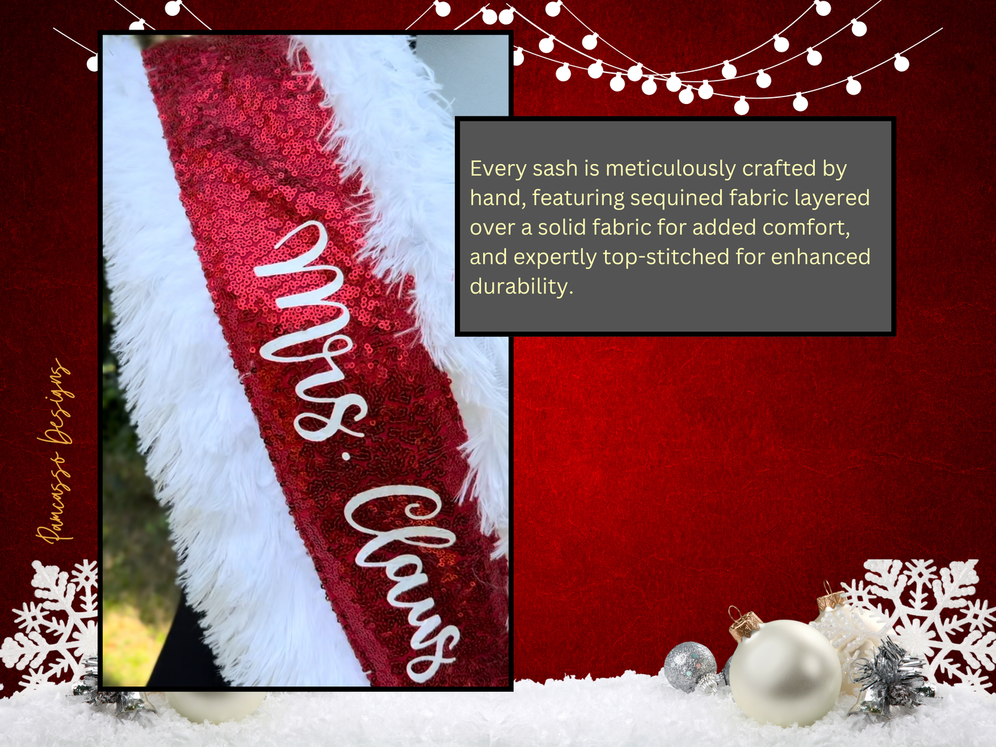 Add a festive touch to your holiday look with this vibrant red sequin “Mrs. Claus” sash! Trimmed in soft, white faux fur for a cozy, wintery feel, this sash catches the light with every step. A chic black satin bow with a gold accent adds a pop of elegance, completing the classic Christmas-inspired design.