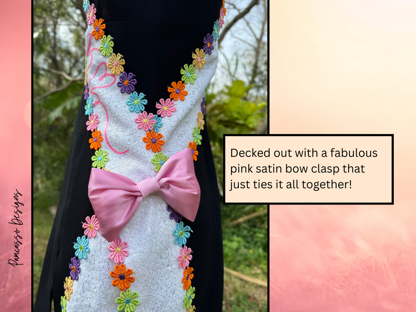 White Sequin Fabric Sash Stole with Colorful Embroidered Flowers & Pink Satin Bow – Customizable Celebration Sash - Sweet 16 - Birthday