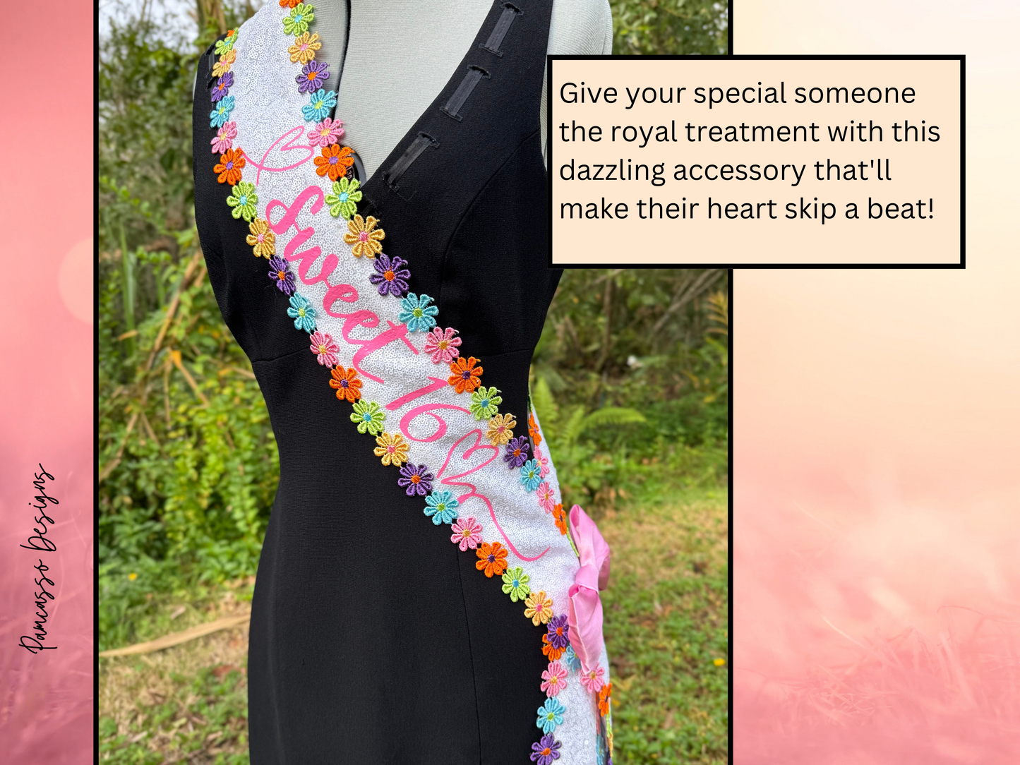 White Sequin Fabric Sash Stole with Colorful Embroidered Flowers & Pink Satin Bow – Customizable Celebration Sash - Sweet 16 - Birthday