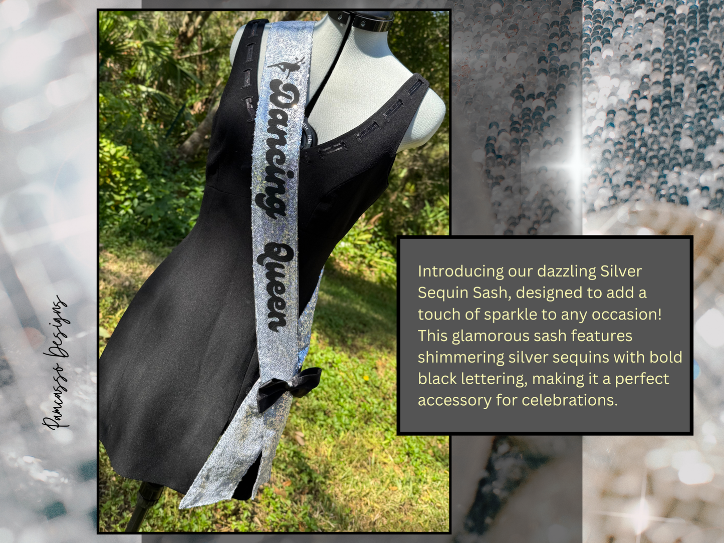 Introducing our dazzling Silver Sequin Sash, designed to add a touch of sparkle to any occasion! This glamorous sash features shimmering silver sequins with bold black lettering, making it a perfect accessory for celebrations. It’s finished with a chic black satin bow, adding an elegant touch to the eye-catching design. Shown with “Dancing Queen,” but fully customizable with your preferred text