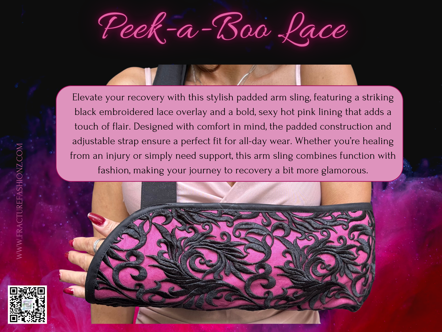 Arm Sling | Peek A Boo Lace Arm Sling - Designer Embroidered Black Lace with Hot Pink Lining