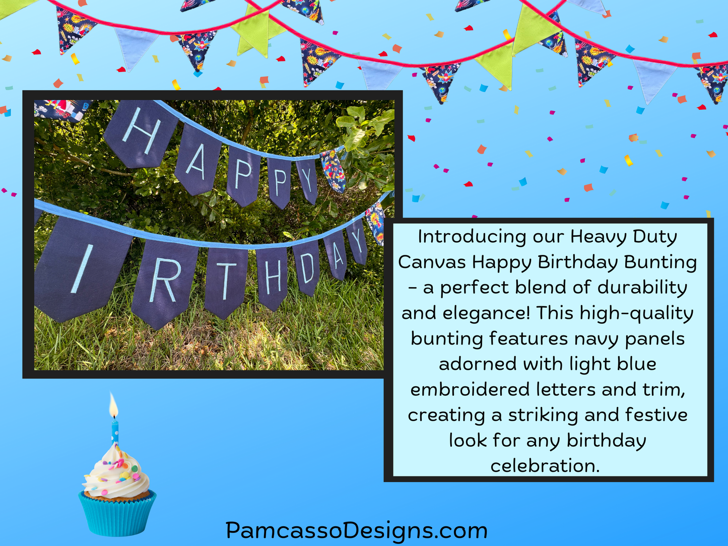 Bunting | Customizable Heavy Duty Canvas Happy Birthday Bunting with Embroidered Letters Interchangeable Theme Panels