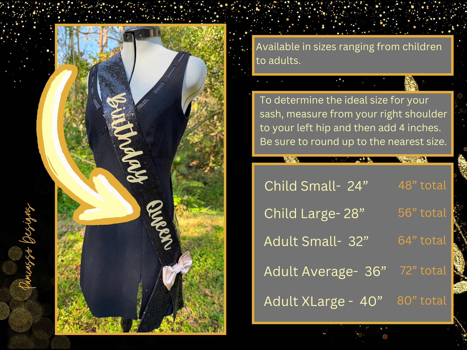 Celebrate in style with this dazzling black sequin “Birthday Queen” sash, designed to make any birthday unforgettable! Crafted with shimmering black sequins, this sash catches the light and adds sparkle to every moment. The bold “Birthday Queen” text stands out beautifully, making it clear who the star of the day is. A luxurious gold satin bow adds an elegant touch, giving a pop of contrast and a touch of sophistication.