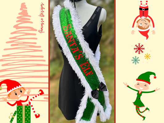 Sash | “Santa’s Elf” Green Sequin Sash Stole with Fur Trim – Santa’s Holiday Scarf Outfit