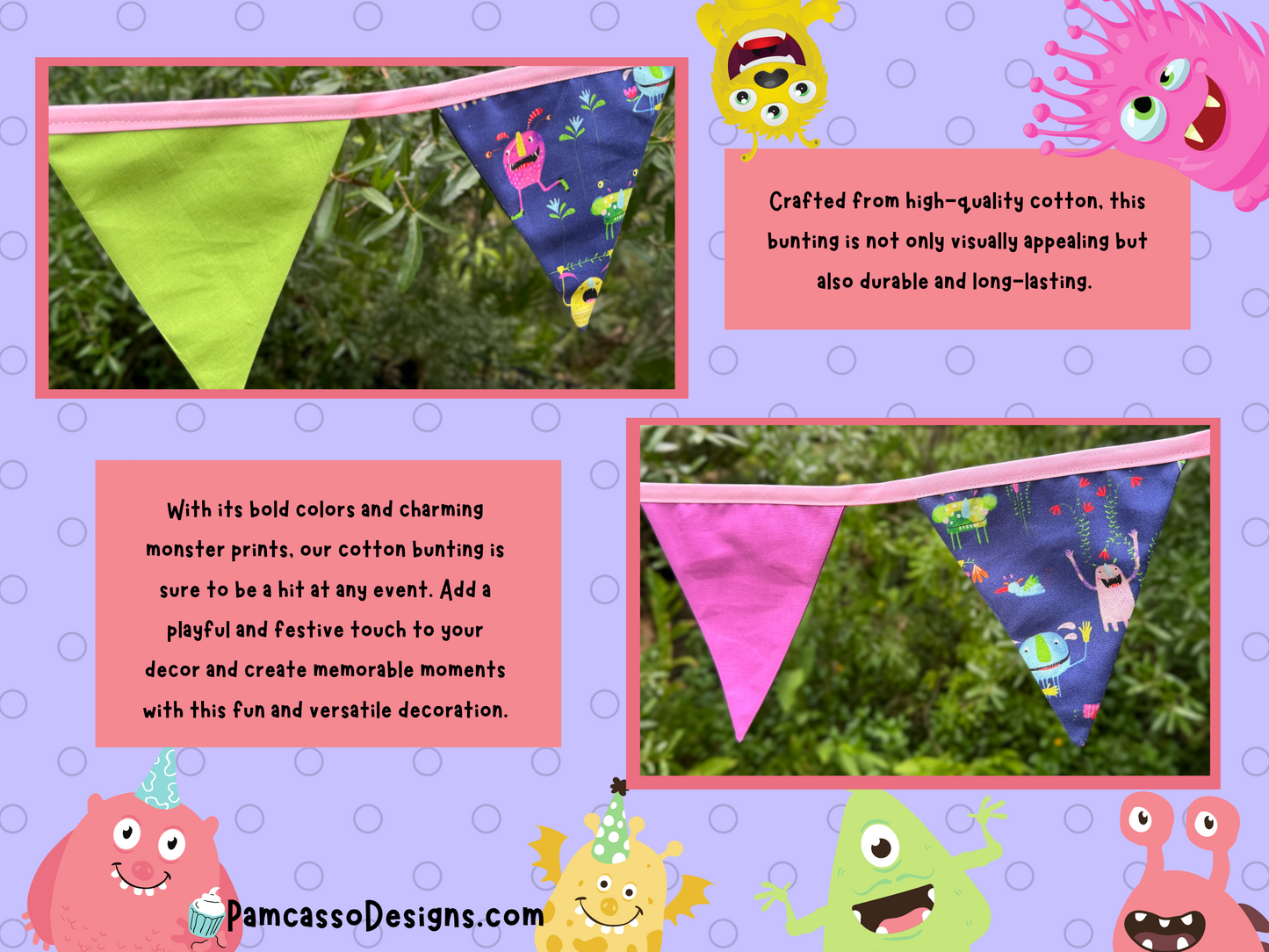 Bunting | Monster-Themed Colorful Cotton Bunting - Party Flags Decoration