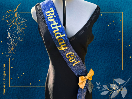 Sash | Royal Blue and Gold Customizable Sequin Sash- Birthday Party, Special Occasion Bling Sash