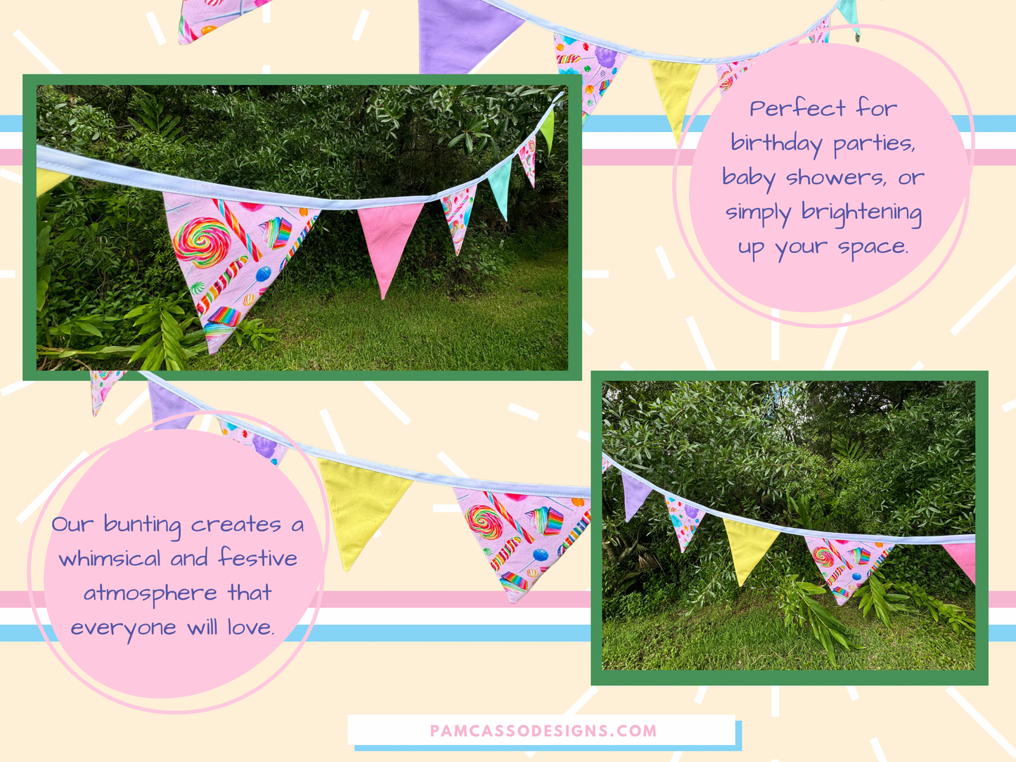 Bunting | Pastel Sweet Treats Fabric Bunting - Candy and Dessert Themed Party Flags Decoration