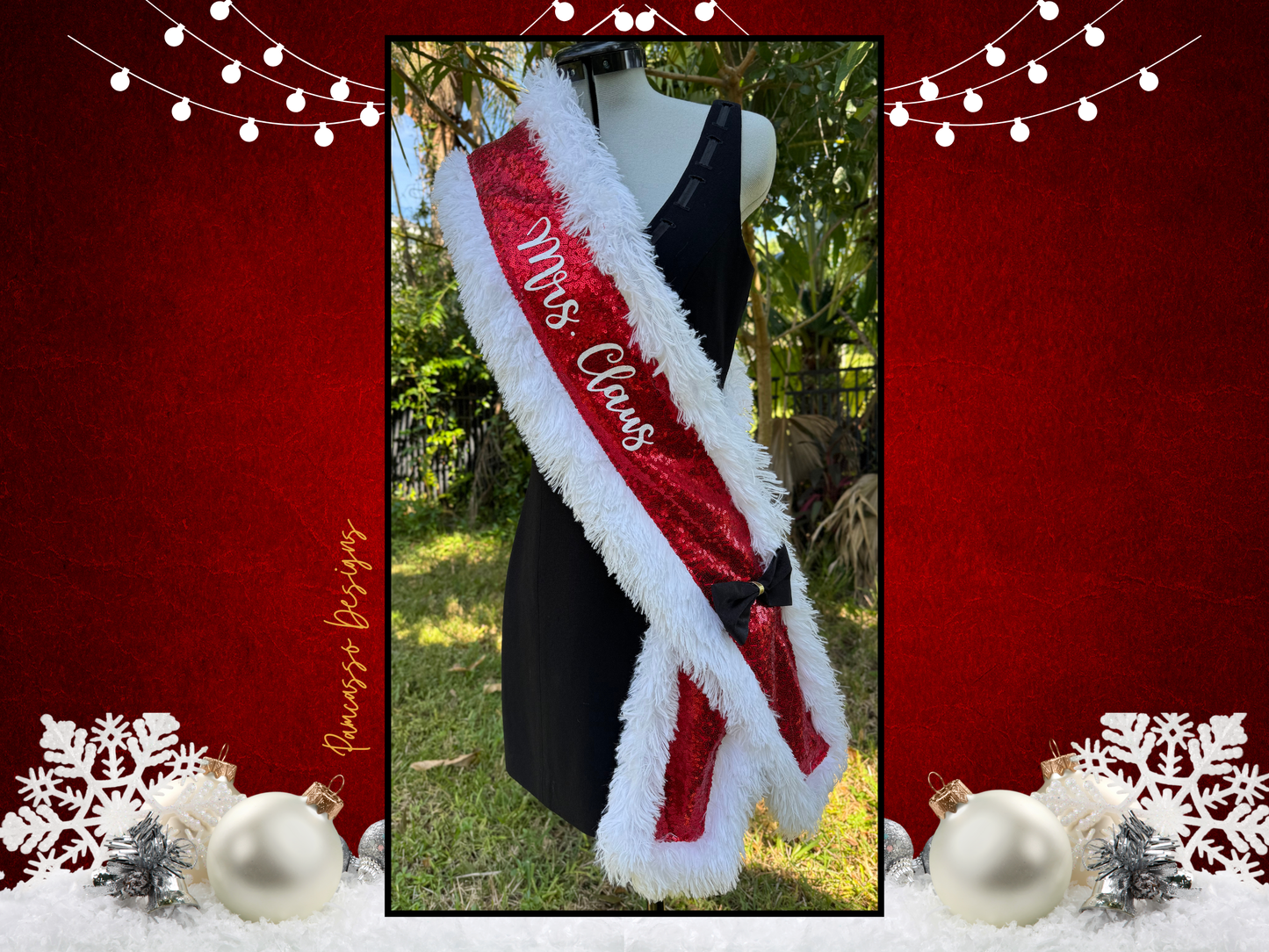 Add a festive touch to your holiday look with this vibrant red sequin “Mrs. Claus” sash! Trimmed in soft, white faux fur for a cozy, wintery feel, this sash catches the light with every step. A chic black satin bow with a gold accent adds a pop of elegance, completing the classic Christmas-inspired design.