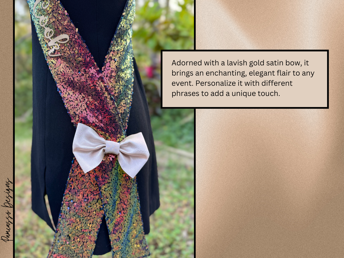 Sash | Custom Copper Sequin “Kiss the Cook” Thanksgiving Hostess Sash – Warm Orange Tones, Gold Satin Bow, Personalized Sash