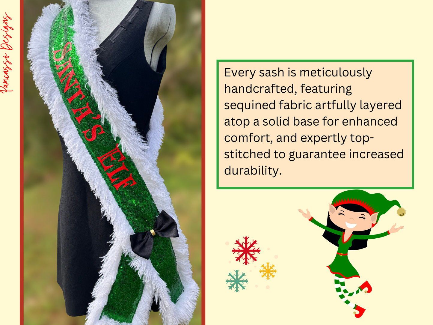 Sash | “Santa’s Elf” Green Sequin Sash Stole with Fur Trim – Santa’s Holiday Scarf Outfit