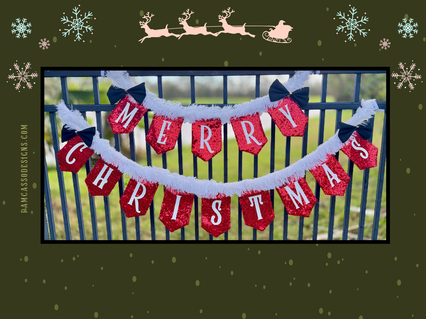 Bunting | Merry Christmas Banner - Red Sequin Fabric with White Faux Fur Trim, Santa-Inspired Holiday Decor, Festive Party Decoration with Black Bow