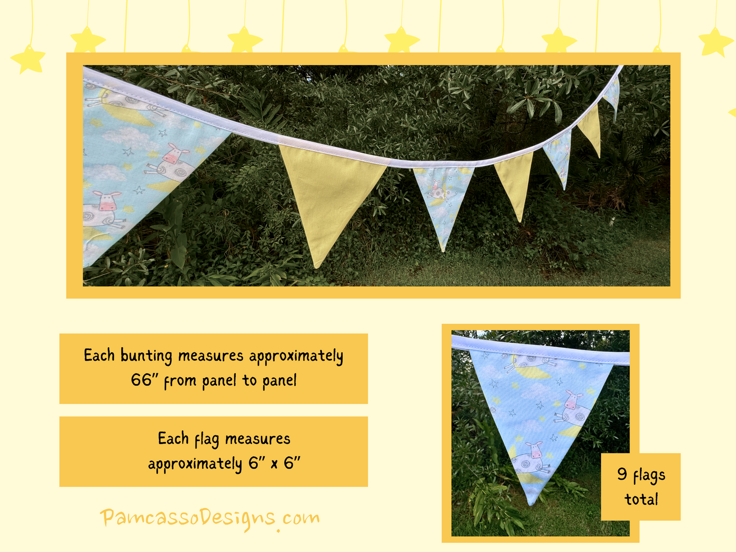 Whimsical Cow and Moon Nursery Bunting with Light Yellow Panels - Adorable Baby Room Decor - Gender Neutral Nursey Banner Decoration