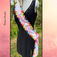 White Sequin Fabric Sash Stole with Colorful Embroidered Flowers & Pink Satin Bow – Customizable Celebration Sash - Sweet 16 - Birthday