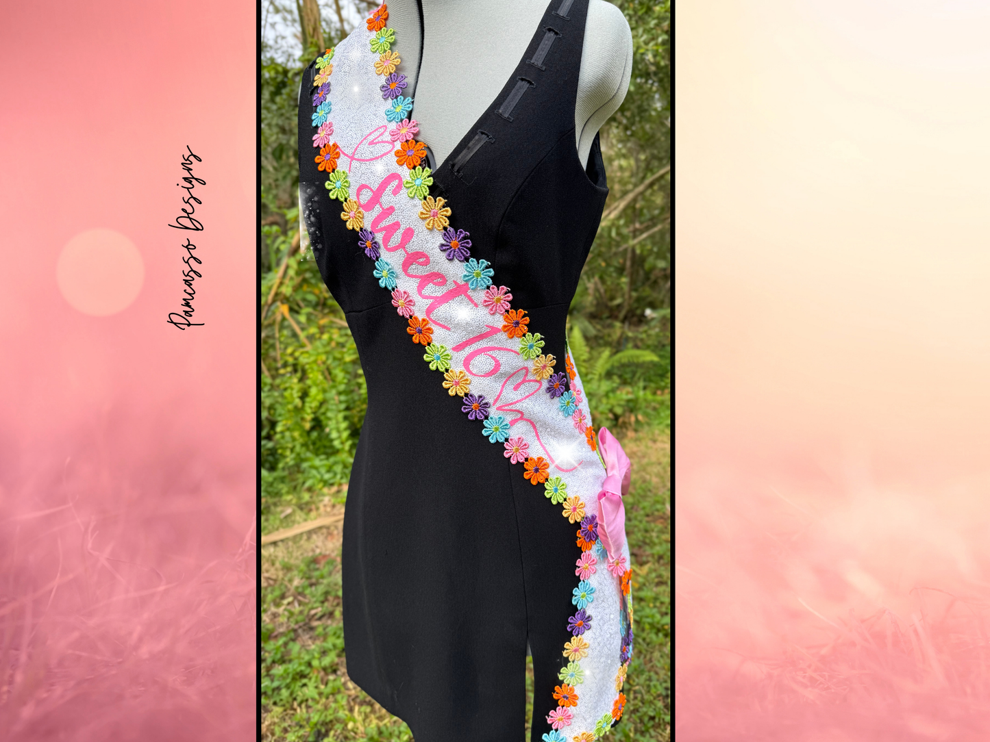 White Sequin Fabric Sash Stole with Colorful Embroidered Flowers & Pink Satin Bow – Customizable Celebration Sash - Sweet 16 - Birthday